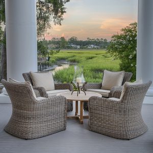 Sag Harbor Deep Seating chairs with round teak chat table.