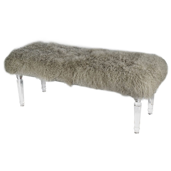 Gray Mongolian Fur Bench with Acrylic legs Angle view