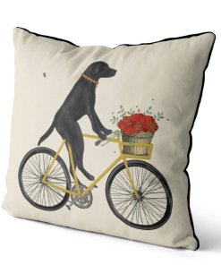 Black Lab on Bike Pillow with sky background side