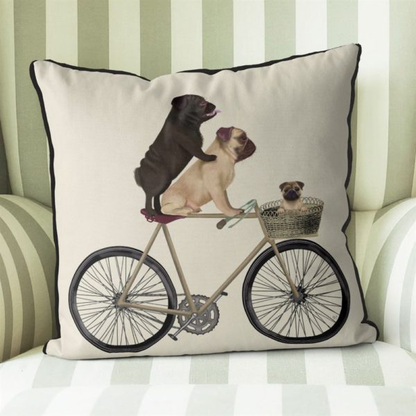 Pug Family on Bicycle pillow Cream