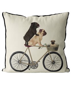 Pug Family on Bicycle pillow Cream