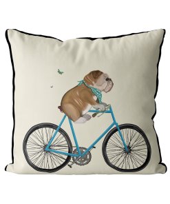 English bulldog on bicycle cream color