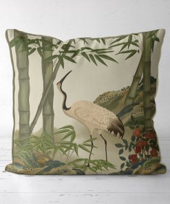 Crane in a bamboo garden Pillow on Spanish white fabric.