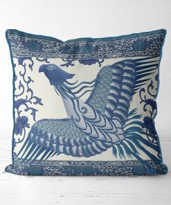 Pillow featuring a phoenix bird in blue color.