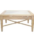 Cerused Natural oak square coffee table with glass top. Front view.