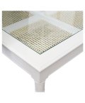 Noreen coffee table in white, close up of caned panels & glass.