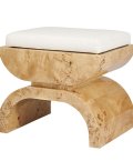 Burl wood bench with ivory linen upholstery side view.